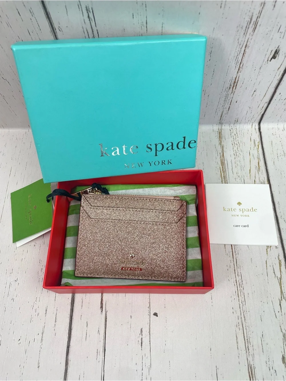 Kate Spade New York Burgess Court Lalena Card Holder *Rose Gold Glitter *NWT
